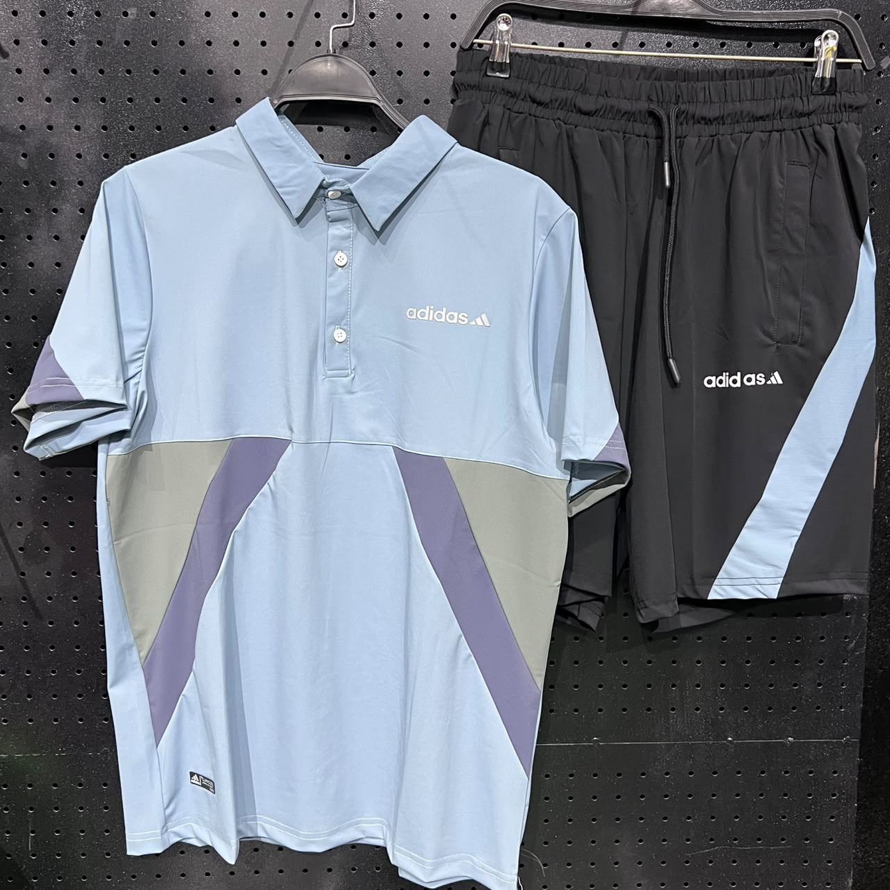 Men's Two-Piece Sportswear Set - Light Blue Polo Shirt & Black Shorts