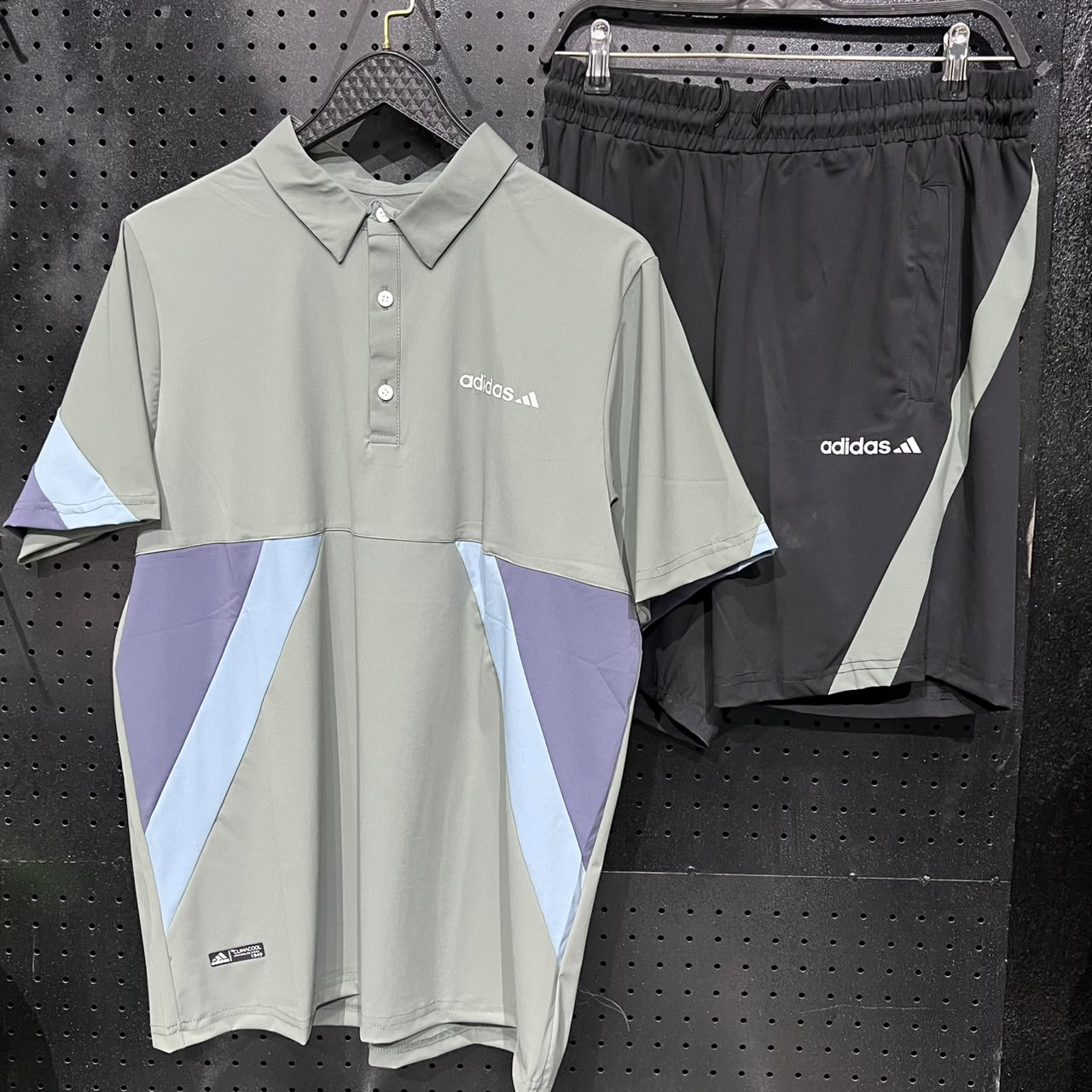 Men's Two-Piece Sportswear Set - Olive Grey Polo Shirt & Black Shorts